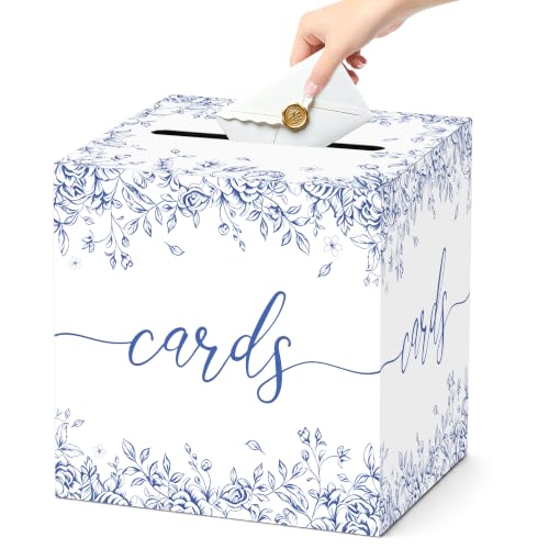 Blue Floral Wedding Card Box with Slot for Baby Shower and Birthday - color: Blue Floral