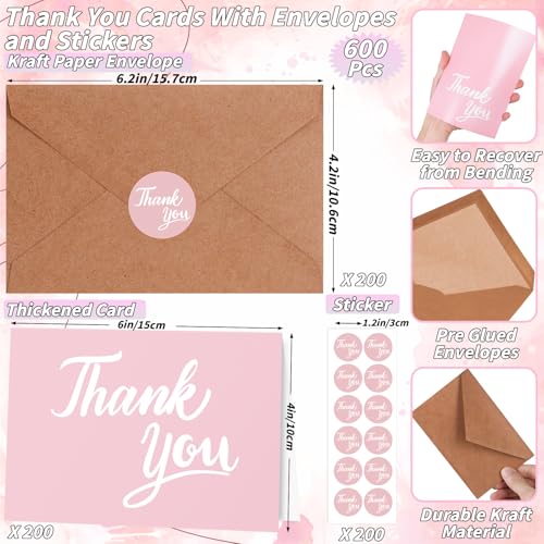 600 Pcs Pink Thank You Cards Bulk with Kraft Envelopes and Stickers 4x6 Inch Blank Thank You Notes Box Set Minimalistic Design for Business Wedding Baby Shower Graduation Bridal Shower Christmas - color: Pink