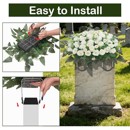 Wocst Headstone Flower Saddle,Large Artificial Cemetery Flowers for Grave Artificial Roses Daisy Saddle for Cemetery Headstone (White) - color: White