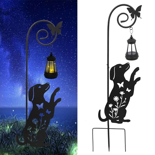 Solar Dog Lantern Garden Stakes 28.7in Metal Outdoor Night Light - color: Black Dog