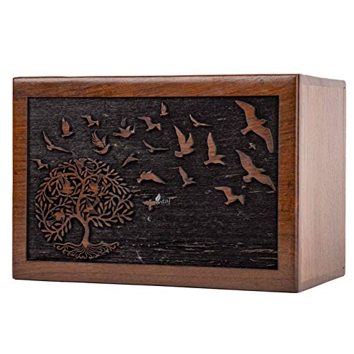 Rosewood Urn for Human Ashes, Tree of Life with Birds, X-Large 380 lb | Hand-carved solid sheesham rosewood, screw-locked sliding base, engraving available, holds up to 380 lb - color: Tree of Life With Birds, size: X-Large (380 lb)
