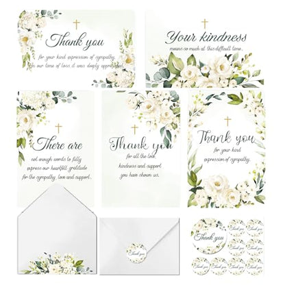 JarThenaAMCS 100 Pack Funeral Thank Your Cards with Envelope Sticker Watercolor White Floral Sympathy Flower Cross Bereavement Card with Message for Memorial Service Loves Ones Celebration of Life