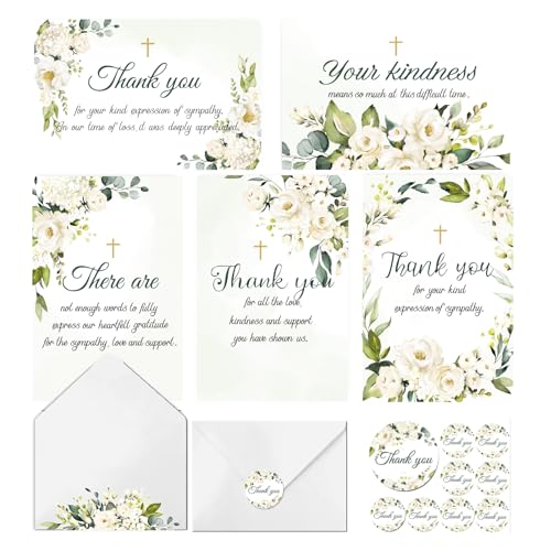 JarThenaAMCS 100 Pack Funeral Thank Your Cards with Envelope Sticker Watercolor White Floral Sympathy Flower Cross Bereavement Card with Message for Memorial Service Loves Ones Celebration of Life