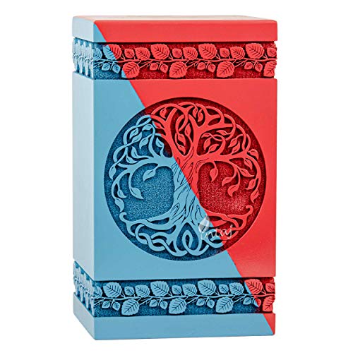 Wooden Cremation Urn for Human Ashes, 250 Cu in, X-Large, Blue & Red | Hand-carved wood, blue and red, screw-locked sliding base, engraving available, holds up to 250 lb - color: Blue & Red, size: Large - 11.25Hx6.25W (250 Cu/In)