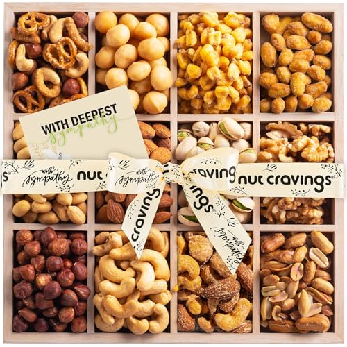 NUT CRAVINGS Gourmet Collection (12 Assortments) Sympathy Condolence | Nuts Gift Basket with Sympathy Ribbon + Greeting Card in Reusable Wooden Tray, Food Platter Healthy Snack Care Package