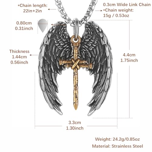 HZMAN Angel Wing Necklace for Men Women Stainless Steel Gothic Punk Angel Wing Cross/Angel Pendant Faith Amulet Jewelry Gift - color: Cross