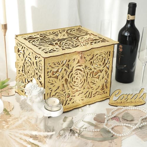 Glittery Gold Wedding Card Boxes for Reception, Gift Card Box for Wedding - color: Gold