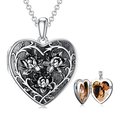 Dorunmo Locket Necklace 925 Sterling Silver Pictures Photo Keep Someone Near to You Custom Lockets Mother's Day Jewelry Personalized Photo Locket Gifts - color: C-Lotus, style: Locket Only
