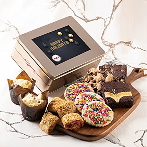 Dulcet Gift Baskets, Fresh Baked Holiday Bakery Cookie and Brownie Gift Tin Happy Holiday Tin for Men and Women, Mom, Dad -Friends Family, Son-Daughter, Sister-Brother or Co-worker. - style: Holiday