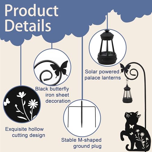 Solar Cat Lantern Garden Stakes 28.7in Metal Outdoor Night Light - color: Black Cat