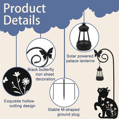 Solar Cat Lantern Garden Stakes 28.7in Metal Outdoor Night Light - color: Black Cat