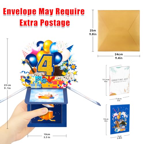 GREETING ART Happy 4th Birthday Pop Up Card,Funny Guitar Ballons Box Themed - color: 4th