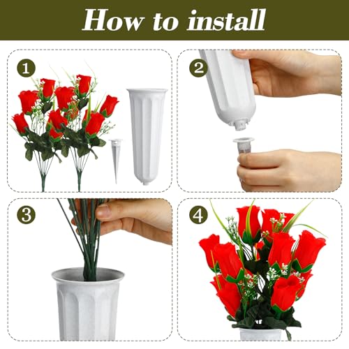 Tigeen 12 Sets Memorial Day Cemetery Flowers Bulk with Grave Vase 24 Bunches Artificial Memorial Flowers for Grave 168 Heads Silk Roses Flower Bouquets for Graveside Tombstone Headstone