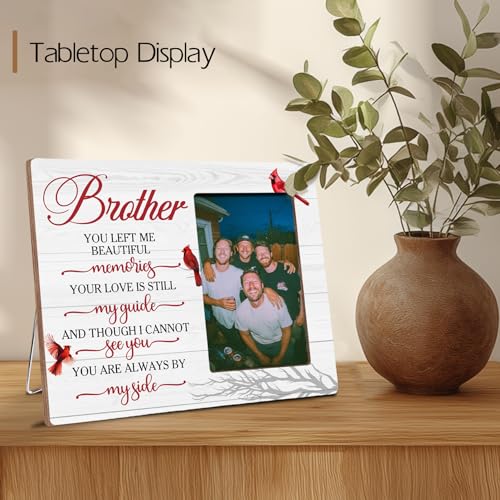Brother Memorial Cardinals Wooden Picture Frame Gifts for Loss of Brother, Always By My Side Sympathy Gifts, Fits 4x6 Photo Frame - color: Red-brother