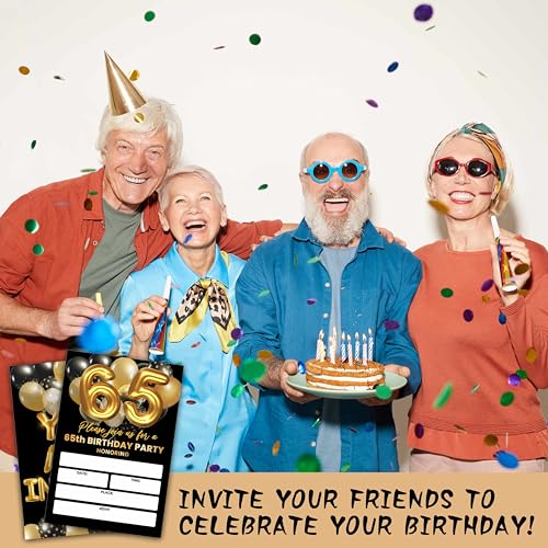 65th Birthday Invitations, Black and Gold, Unique Design Paper, 20 Invites with 20 Envelopes - style: 65th