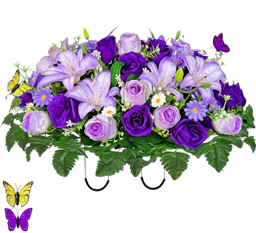 MUVIC Artificial Cemetery Flower for Grave,Headstone Flower Saddle -Purple Lily Rose Daisy, Easy Fit
