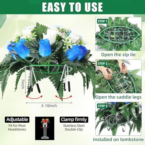 Giegxin 5 Set Artificial Cemetery Flowers for Grave, Headstone Flower Saddle Gravesite Decoration Roses Memorial Bouquets with Vase for Cemetery Decorations Non-Fading Easy Fit(Blue and White)
