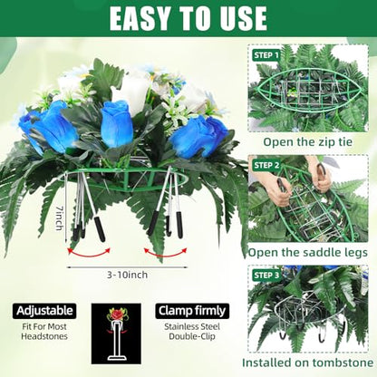 Giegxin 5 Set Artificial Cemetery Flowers for Grave, Headstone Flower Saddle Gravesite Decoration Roses Memorial Bouquets with Vase for Cemetery Decorations Non-Fading Easy Fit(Blue and White)