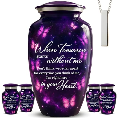 Family Tribute Purple Butterfly Cremation Urn for Human Ashes Set – Beautiful Large Funeral Urn for Adult (220lbs) with 4 Small Keepsake Urn & 1 Memorial Ash Necklaces to Honor Your Loved Ones - color: Purple Butterfly Premium Urn Set