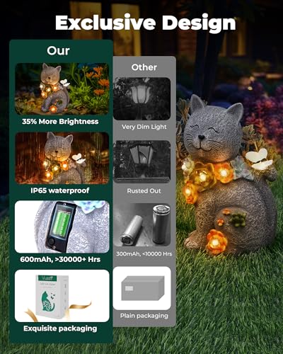 Vuees Solar Garden Statues Outdoor Decor, 6 LED Cat Flowers Butterfly Figurine Lights, Waterproof for Balcony Patio Porch Lawn Yard Ornament Art - Gift Ideas for Housewarming Gardening Grandma Women - style: Cat & Flowers