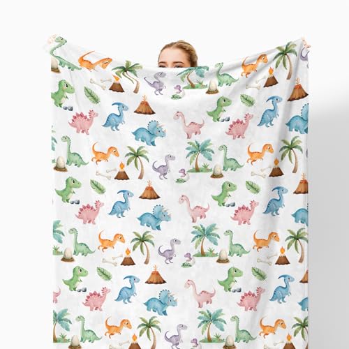 Colorful Dinosaur Throw Blanket for Couch, Dinosaur Nursery Decor, Tropical Palm Tree Volcano Botanical Throw Blanket for Kids Boys Toddler Nursery Bedroom Room Decoration, 50x60 Inches - color: Color_2