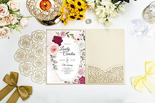 Customized inner page Laser Cut Wedding Invitations Card Pocket with Envelope for Birthday Party Baby or Bride Shower Invite suitable for 5 * 7 Inches Insert Paper (50 PCS Personalized Printed) - color: 50 PCS Personalized Printed