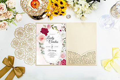 Customized inner page Laser Cut Wedding Invitations Card Pocket with Envelope for Birthday Party Baby or Bride Shower Invite suitable for 5 * 7 Inches Insert Paper (50 PCS Personalized Printed) - color: 50 PCS Personalized Printed