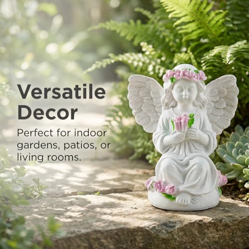 Guardian Angel Statue Angels Figurines with Pink Tulips | Resin Cherub Statue, Outdoor Statues For Garden, Sympathy Guardian Angel Gift, Angel Gifts For Women, Yard Statues - color: Tulip
