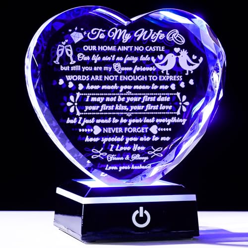 YWHL Romantic Gifts for Wife from Husband, Anniversary Birthday Gifts Ideas for Wife, To My Wife Present Crystal Keepsake with Colorful LED Base, I Love You Gift for Her - color: Wife Gifts