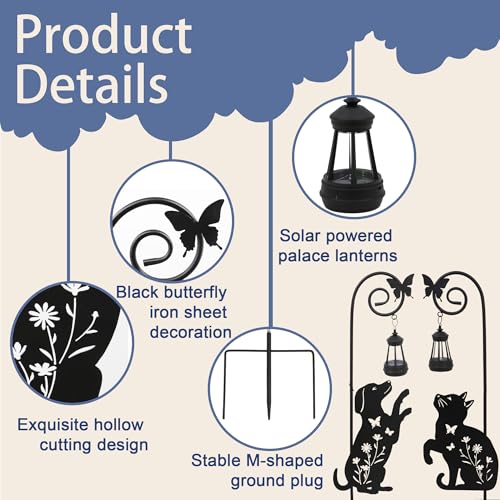 2 Pack Solar Cat Dog Lantern Garden Stakes 28.7in Metal Night Light - color: Black Cat and Dog