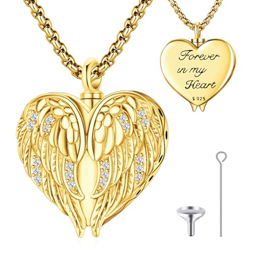 Angel Wings Necklace 925 Sterling Silver Guardian Angel Nurse RN Caduceus Pendant Charm Crystal Angel Jewelry Gifts for Women - style: E-Angel Wings Urn (Golden)