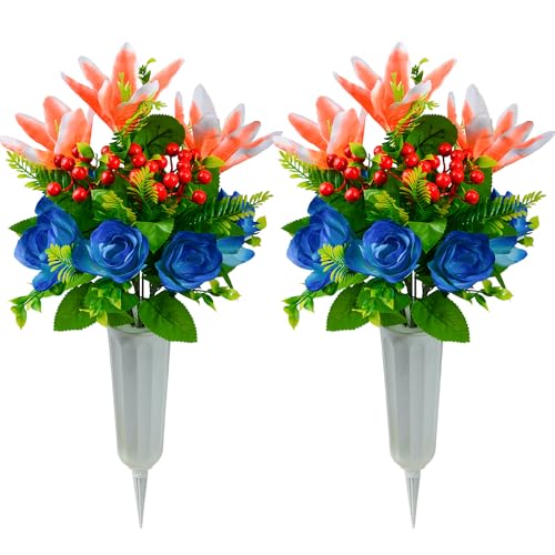 XONOR Artificial Cemetery Flowers for Grave, Set of 2 Artificial Memorial Flowers with Vase for Outdoor Cemetery Headstones Graveyard Gravestone Decoration (Orange Lily) - color: Orange Lily