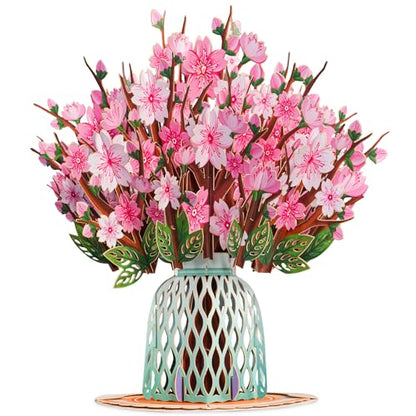 Paper Love Flower Bouquet Pop Up Card, Cherry Blossom Keepsake Gift for Women, Mom Birthday, Wife Anniversary, Friends Wedding, Daughter Graduation, Get Well Soon, Thank You, Mother Day, Valentines Day, All Occasion - Large 10x7 Cards w/ Envelope and Note