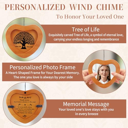 Personalized Photo Memorial Wind Chimes for Loss of Loved One Sympathy Gift | Add Your Loved One's Photo - 32" Bereavement Condolence Remembrance Funeral Gifts for Grieving Friends Loss of Mother Father - color: Wooden Frame
