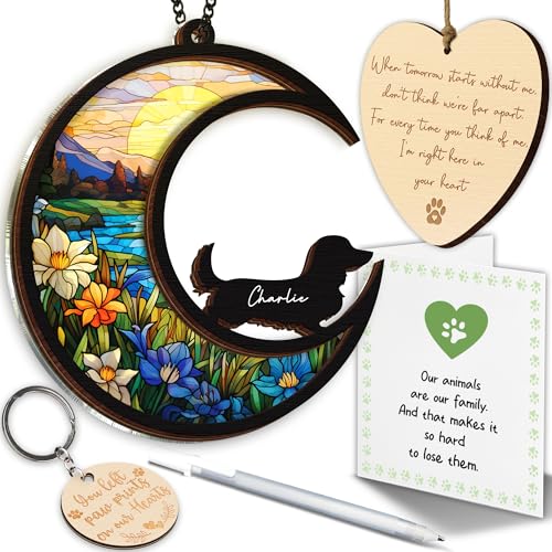 6'' Dachshund Long Hair Memorial Suncatcher, Custom Name, Pet Ornament Window Car Hanging, Sympathy Gift for Loss of Pet, Passed Away Remembrance Gift for Dog Lovers 12-SS1 - color: Dachshund Lh