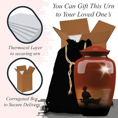 Forever URNS Adult Cremation Funeral Urn with Printed Fishing Man Theme for Human Ashes of Female & Male | 200 cu in | Large | Multicolor | Completely Handcrafted with Velvet Protection Bag