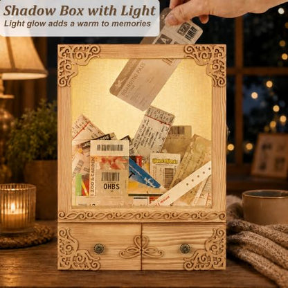 11x16 Shadow Box Frame with Light, Wedding Memorial Display Case with Shelves, Drawer and Slot for Keepsakes Large Deep Shadow Box for Flowers,Wedding Gift, Rustic Wood - color: Wood With Drawers