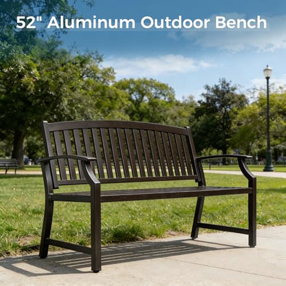 Grand patio 52" Farmhouse Outdoor Bench, Garden Benches with Anti-Rust Aluminum Powder Coated Frame, Faux Wood Grain Finish Frame Patio Bench for Front Porch, Northwoods Brown | Anti-rust Aluminum Frame, Faux wood Grain Finish, for Front Porch, Yard, Park