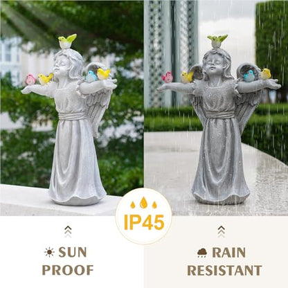 Angel Garden Statue with 5 Birds Solar Lights, Resin Cherub Figurine | Outdoor Decor for Garden Porch Yard, Gift for Women, Teacher, Mother, Birthday, Housewarming