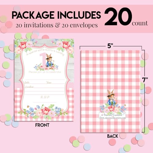 Amanda Creation Little Bunny Rabbit 1st Birthday Party Invites - Adorable Fill In Invitations for Girls Set of 20 5X7 Double Sided Cards with Twenty White Envelopes Kids Party Supplies - style: Little Bunny Rabbit 1st Birthday