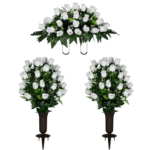 Sympathy Silks Artificial Cemetery Flowers - Gravesite Flowers - White Roses - (1) Headstone Flower Saddle & (2) Matching Bouquet (2) Cemetery Vase Included - color: White Roses, size: (1) Saddle (2) Bouquet (2) Vase