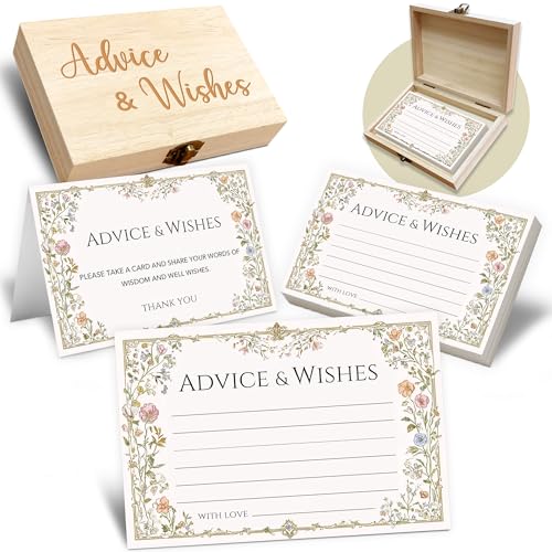 Advice and Wishes Cards Box - 50 Pcs Wedding & Baby Shower Advice Cards, Well Wishes Box for Graduation, Christmas, Birthday Party Decorations, Bridal Shower Games(Flower) -A03 - color: Flowers, size: Set with Wooden Box