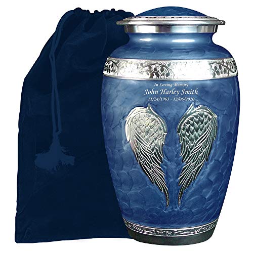 Blue Angel Wings Funeral Cremation Urn with Matching Keepaske, Bag and Personalization (Royal Blue, Large) - color: Royal Blue, size: Large