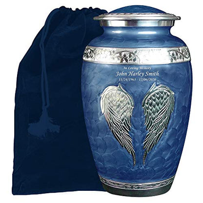 Blue Angel Wings Funeral Cremation Urn with Matching Keepaske, Bag and Personalization (Royal Blue, Large) - color: Royal Blue, size: Large