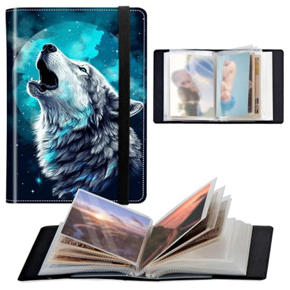 Photo Album 4x6 120 Pockets Photos with Elastic Band, Cute PU Leather Photo Books Small Mini Capacity Picture Album for Family Wedding Travel Anniversary Baby Vacation Pictures, Moon Wolf - color: Moon Wolf