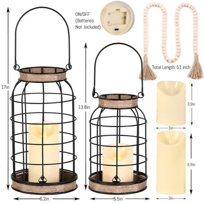 Rustic Farmhouse Candle Lantern, 2Pcs Decorative Lantern Decor with Candles | Set of 2 rustic farmhouse lantern set with candles and wood bead accents for fireplace, porch, patio and tabletop decor