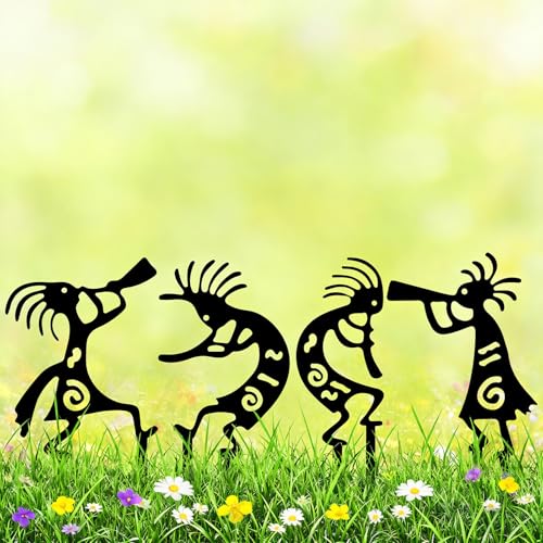 4 Piece Kokopelli Metal Garden Stakes-Southwestern Yard Art 9.8"x6" | Native American Inspired Rustic Outdoor Decor for Lawn,Patio,Garden Pathway,Fade-Resistant Ornaments for Thanksgiving Day - style: Kokopelli Stake