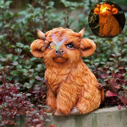 Highland Cow Solar Powered Outdoor Garden Statue, with Light Lantern - style: Sitting cow 5.7in
