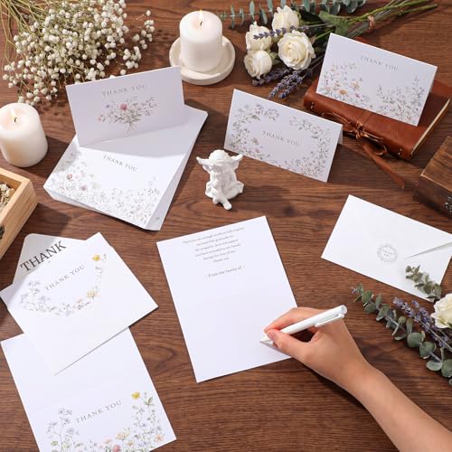 Fumete 50 Set Funeral Thank You Cards, Watercolor Wildflowers | with Envelopes and Sticker Thank You Sympathy Card with Message Bereavement for Funeral Family Loved Ones Celebration of Life - style: Watercolor Wildflowers