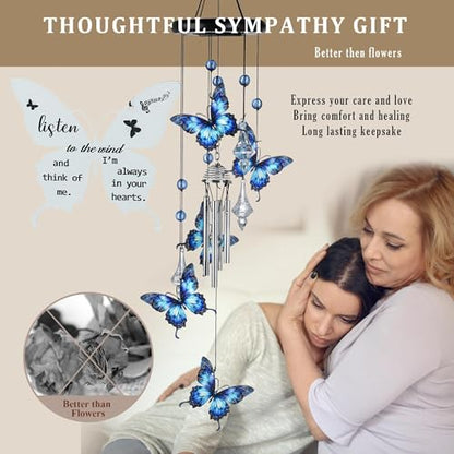 YU FENG Butterfly Memorial Wind Chime, Crystal Suncatcher Outdoor Decor | 27 Inch Metal Hanging Chime, Blue Butterfly Design, Sympathy Remembrance Gift, Garden Yard Patio Decoration - style: Blue Garden – Butterfly – 27 Inch